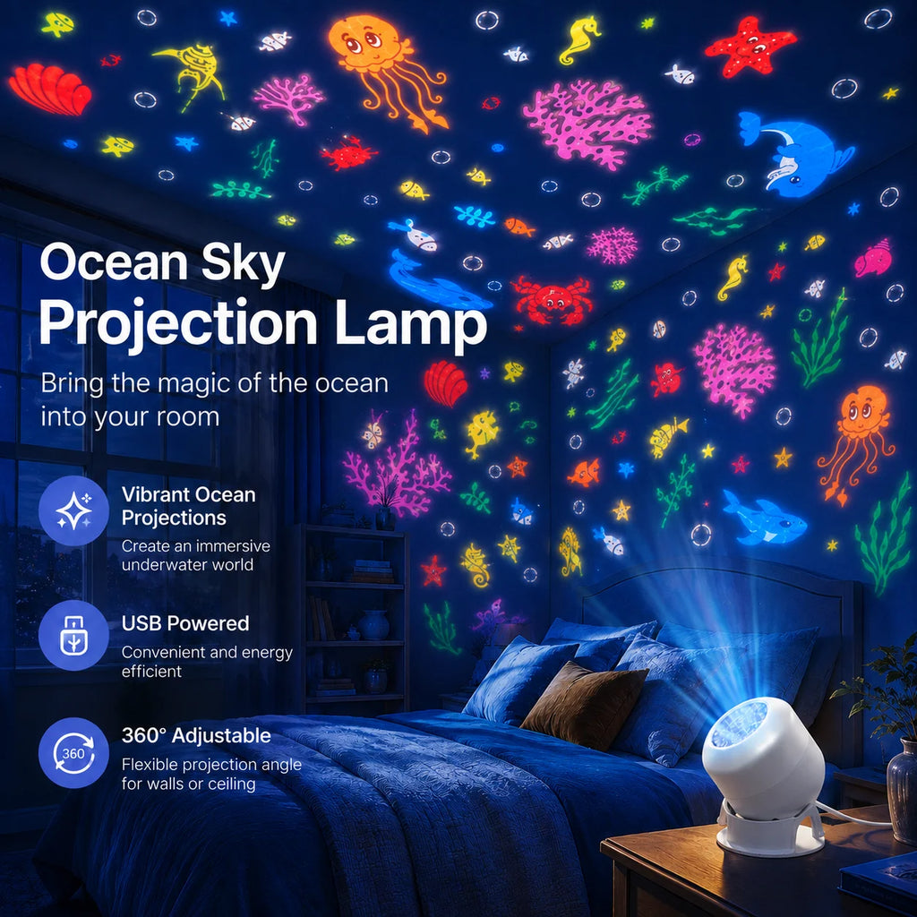 360°Rotating LED Starry Sky Ocean Projection Night Light Dynamic Projector USB Plug Bedroom Living Room Ceili Lamp Birthday Gift