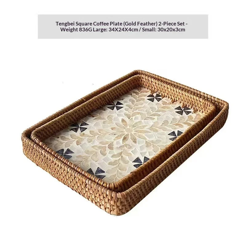 Natural Handwoven Rattan Shell Tray for Home Kitchen Decorative Storage Serving