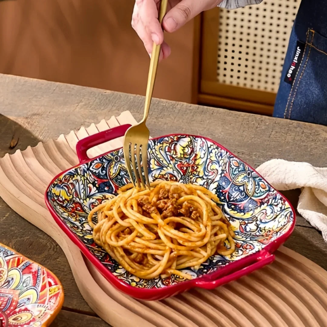 Bohemian Double Ear Square Ceramic Plate Creative Household Dish Plate Net Red Fruit Spaghetti Plate Oven Microwave Oven-9inch