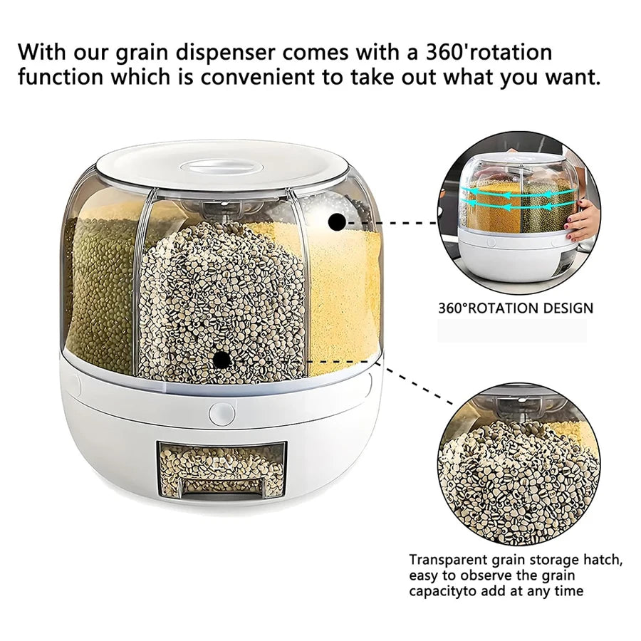 6-Grid Rotating Grain Dispenser – Airtight Food Storage Container for Rice, Cereal & Dry Grains
