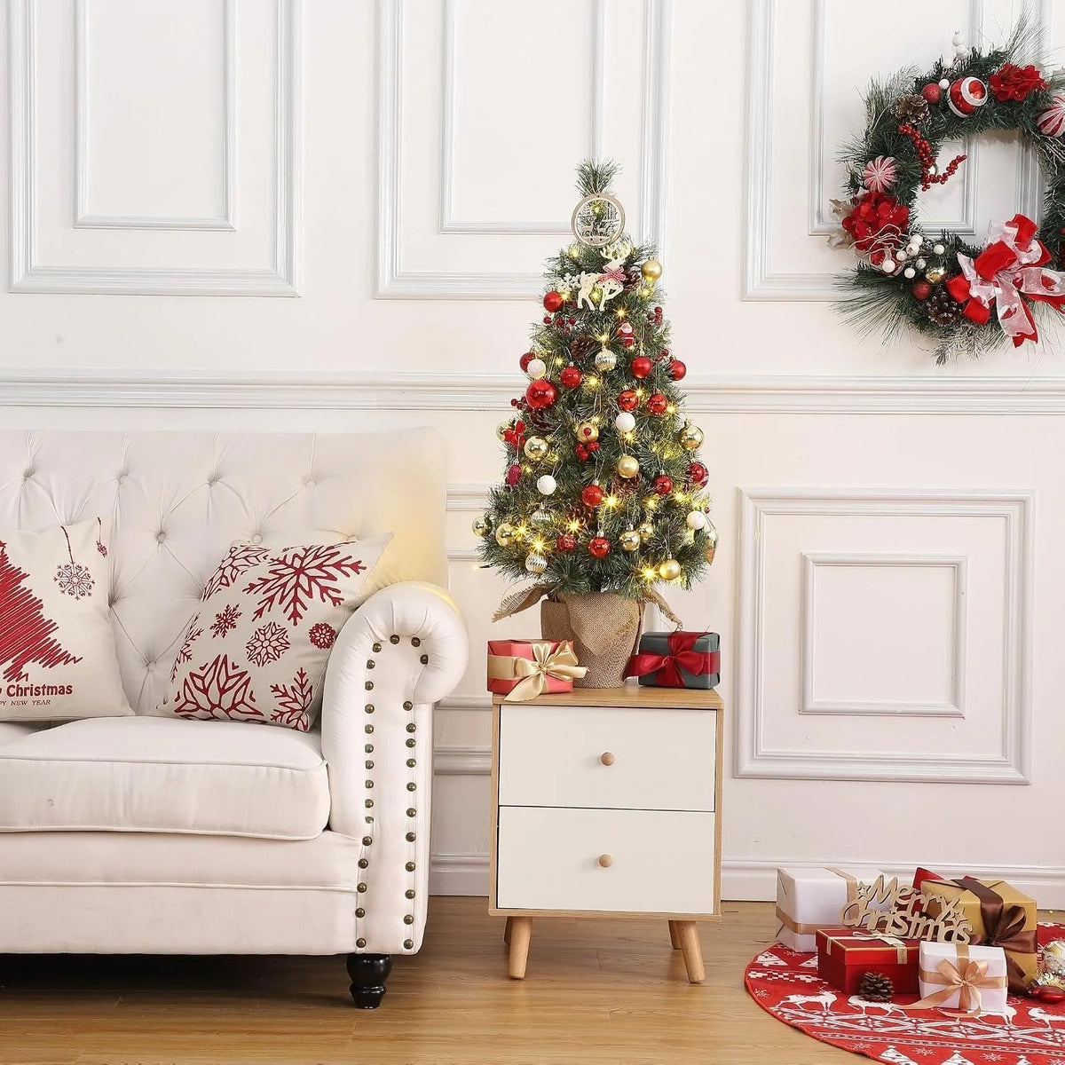 3ft Artificial Christmas Tree Pre Lit with 78 LED Lights Snow Flocked Mini Xmas Tree Tabletop Potted Tree with Burlap Base Red Berries Pine Cones for Home Office Holiday Decor