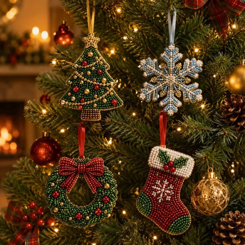3D Beaded Christmas Tree Snowflake DIY Kit, 4PCs Handmade Craft DIY Beaded Christmas Tree Hanging Pendant New Year Gift