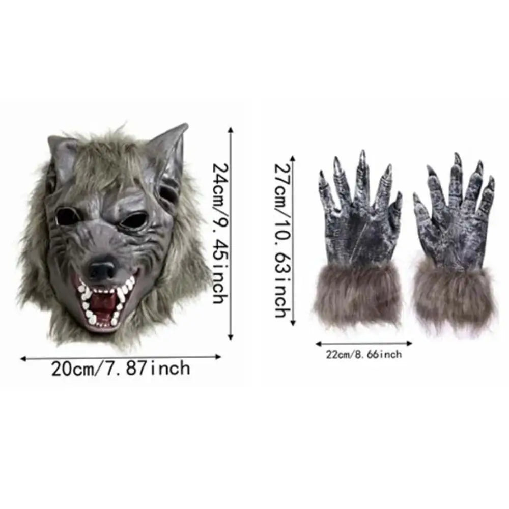 Latex Werewolf Mask Realistic Faux-fur Scary Wolf Headwear Odorless Textured Furry Monster Claws Halloween Party