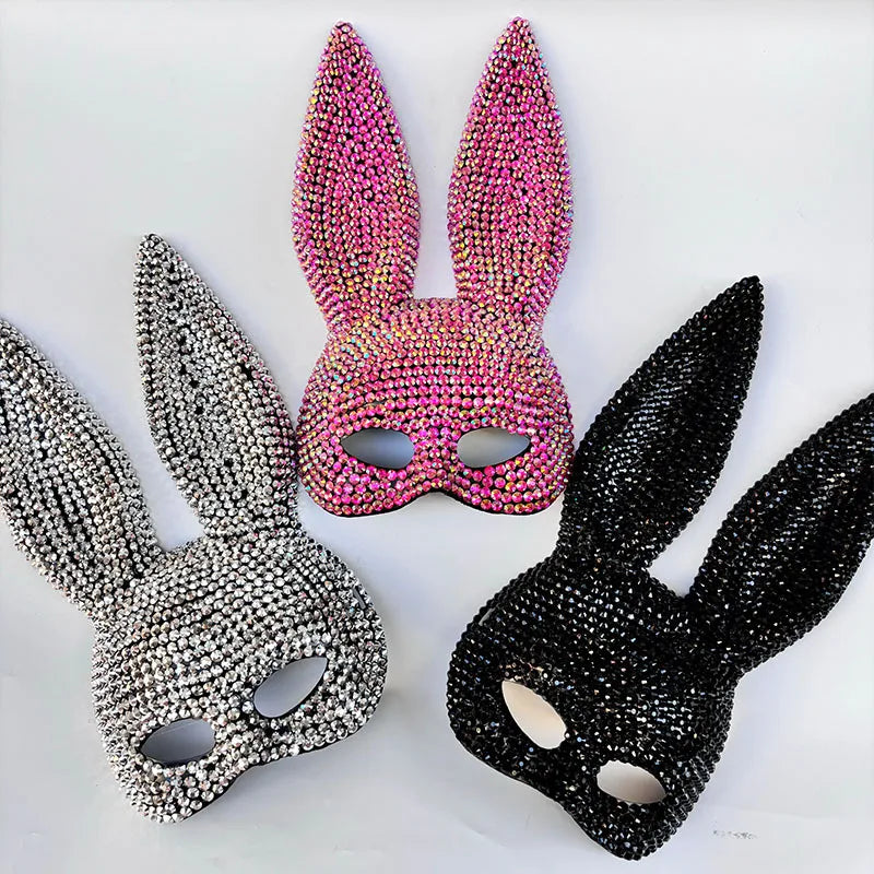 Rabbit Party Masquerade Glitter Mask for Women Theater Performances Full Acrylic Rhinestone Face Mask Costume for Photo Shoots