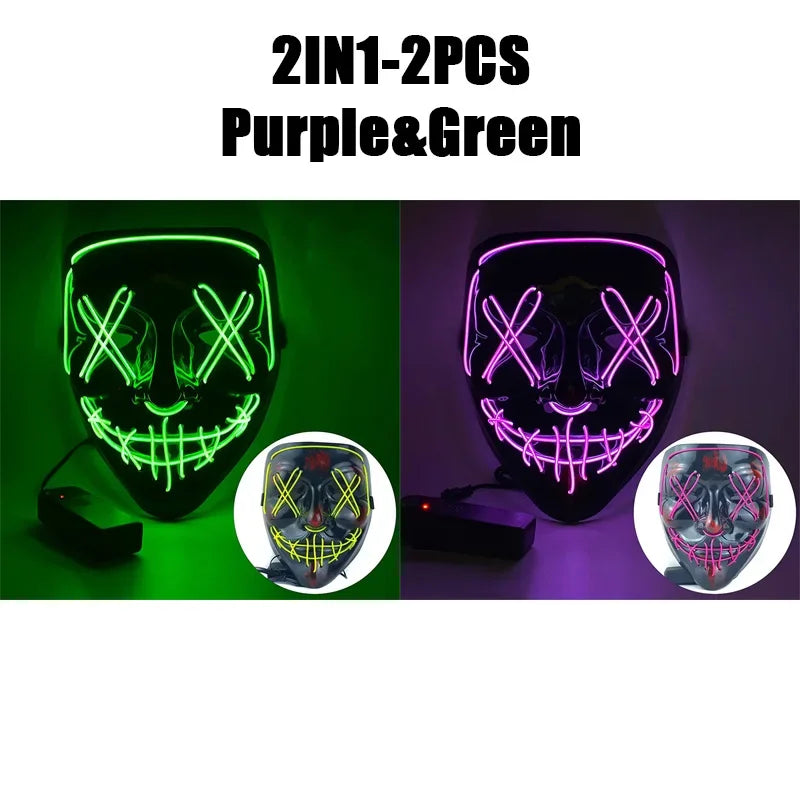 LED Halloween Mask Glow in The Dark Scary Terror Face Cover Bright Scream Light Up Costume for Men Carnival Party