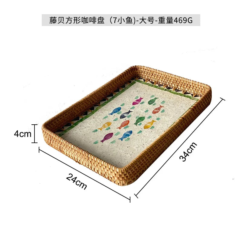 Natural Handwoven Rattan Shell Tray for Home Kitchen Decorative Storage Serving