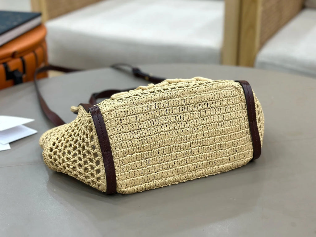 Summer 2026 Large Tote Straw Woven Handbag with Leather Accessories Single Shoulder Hollow Weaving Vacation Style Bag