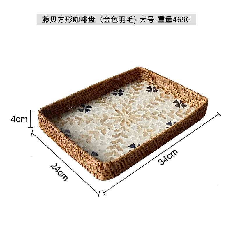 Natural Handwoven Rattan Shell Tray for Home Kitchen Decorative Storage Serving