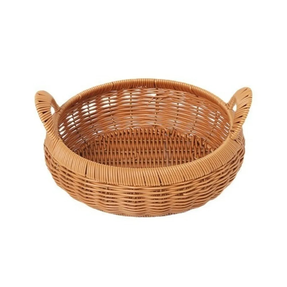 Large Capacity Imitation Rattan Storage Basket Plastic Handmade Round Rattan Storage Tray Decorative with Handle