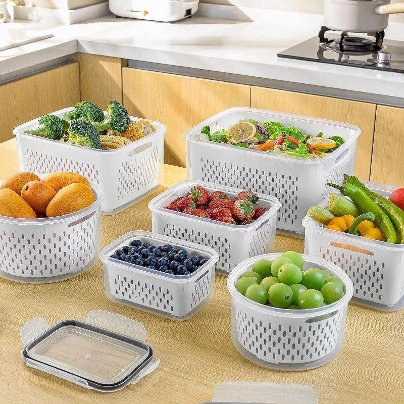 6-Piece Refrigerator Food Storage Container Set with Drain Basket – Sealed Fruit & Vegetable Boxes