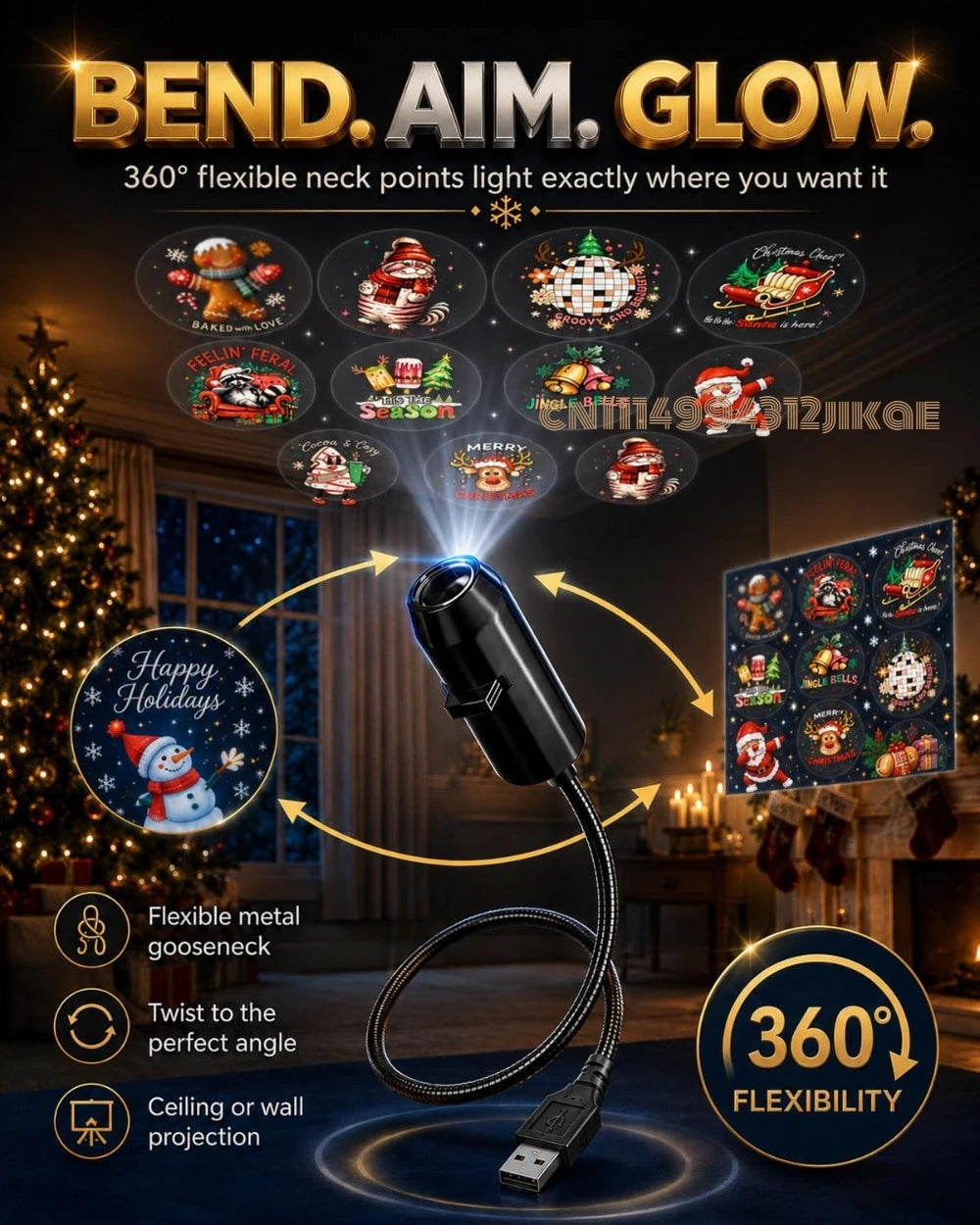 Plug-&-Play HD Christmas Projector - with 360° Rotating, 5D Holographic Night Light Projector for Room Decor Party Xmas Gifts