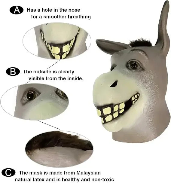 Funny Donkey Mask Masquerade Props Donkey Head Animals Masks Halloween Horror Ghost Latex Hood Adults Cosplay Costume Headgear