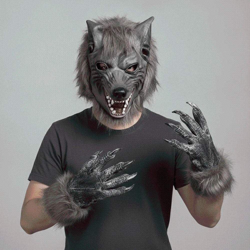 Latex Werewolf Mask Realistic Faux-fur Scary Wolf Headwear Odorless Textured Furry Monster Claws Halloween Party