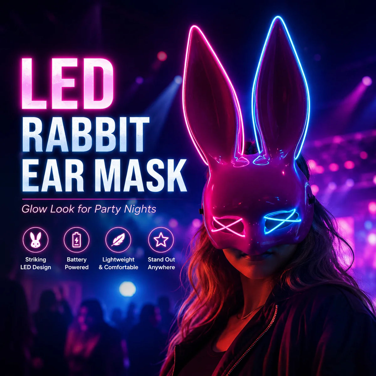 Light Up Rabbit Ear Mask, LED Bunny Mask for Party Dance Festival Halloween Costume Props