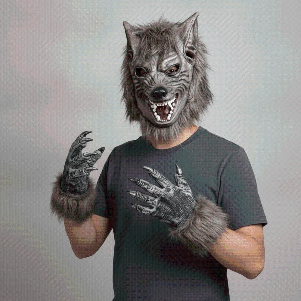 Latex Werewolf Mask Realistic Faux-fur Scary Wolf Headwear Odorless Textured Furry Monster Claws Halloween Party