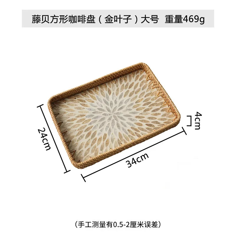 Natural Handwoven Rattan Shell Tray for Home Kitchen Decorative Storage Serving