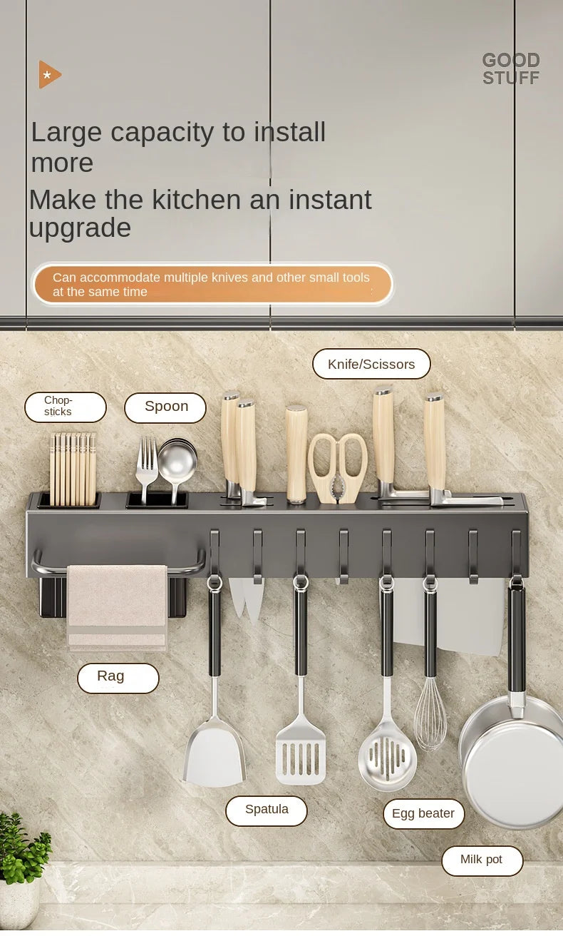 Wall-Mounted Kitchen Storage Rack – Steel Organizer for Knives, Chopsticks & Utensils