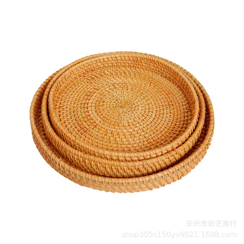 Hand-Woven Vietnam Rattan Round Tray Basket Japanese Style Bread Basket Steamed Bread Basket for Living Room Home Storage Fruit