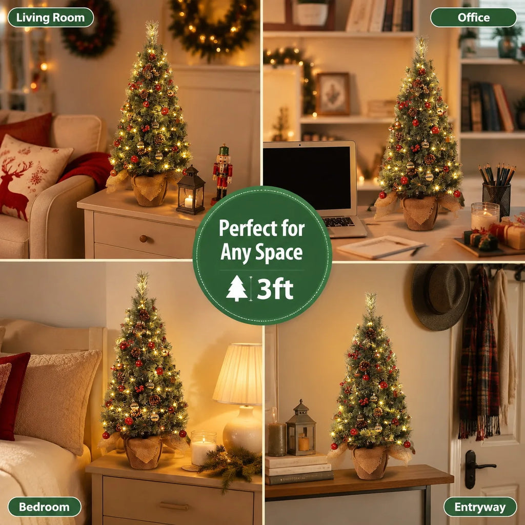 3ft Artificial Christmas Tree Pre Lit with 78 LED Lights Snow Flocked Mini Xmas Tree Tabletop Potted Tree with Burlap Base Red Berries Pine Cones for Home Office Holiday Decor