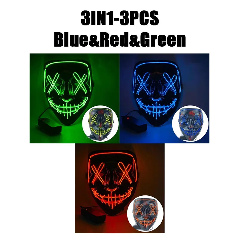 LED Halloween Mask Glow in The Dark Scary Terror Face Cover Bright Scream Light Up Costume for Men Carnival Party