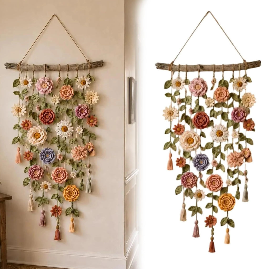 Boho Handmade Cotton Floral Crochet Macrame Hanging Decoration for Wall Indoors Or Porch Natural Linen Look Mellow Ambiance
