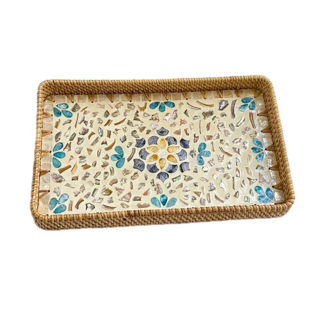 Hand Woven Splicing Shell Rattan Basket Rattan Weaving Colorful Weaving Fruit Basket Household Decorative Rattan Shell Tray