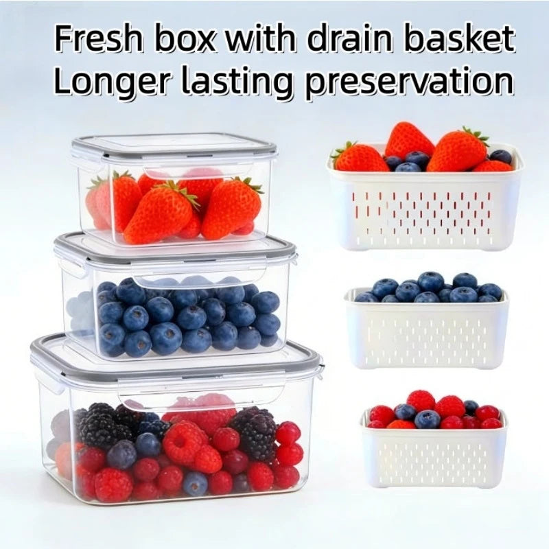 6-Piece Refrigerator Food Storage Container Set with Drain Basket – Sealed Fruit & Vegetable Boxes