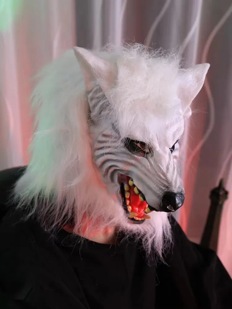 White Wolf PVC Mask with Fluffy Fur Scary Werewolf Head Mask Halloween Cosplay Costume Party Props Horror Animal Mask for Adul
