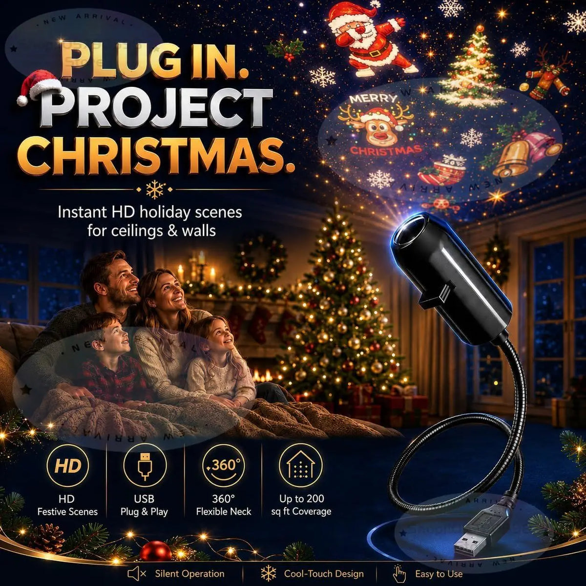Plug and Play Hd Christmas Projector with 6/10 Festive Scenes,Hd Christmas Scene Projector, 5d Holographic Night Light Projector