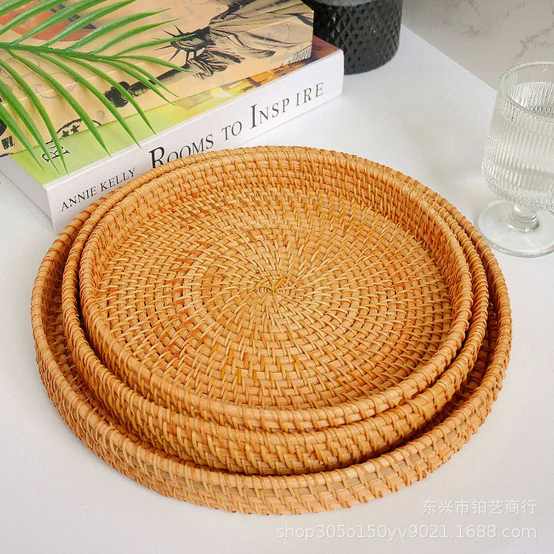 Hand-Woven Vietnam Rattan Round Tray Basket Japanese Style Bread Basket Steamed Bread Basket for Living Room Home Storage Fruit