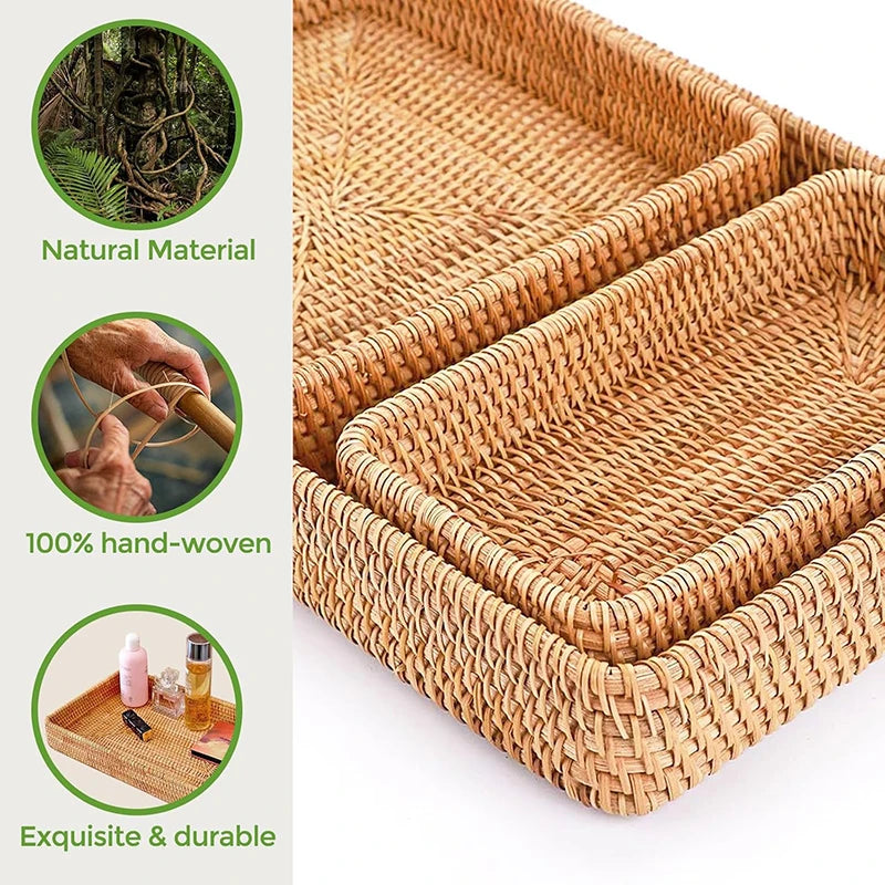 Handcraft Rattan Serving Tray, Wicker Storage and Organizing Baskets, Woven Tray for Home Decor, Bathroom, Kitchen Counter