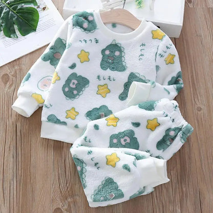 Baby Girl Clothing Set Plush Flannel Cartoon Pullover Sweater+Pant Autumn Winter Kids 2Pcs Outfit Boys Tracksuit Casual Suit