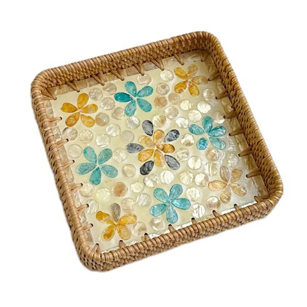 Hand Woven Splicing Shell Rattan Basket Rattan Weaving Colorful Weaving Fruit Basket Household Decorative Rattan Shell Tray