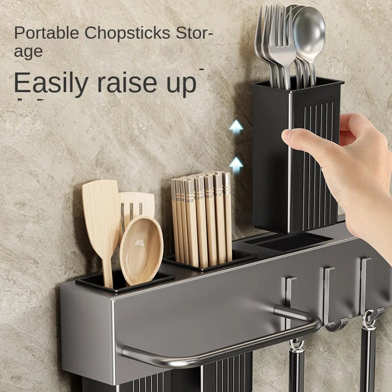 Wall-Mounted Kitchen Storage Rack – Steel Organizer for Knives, Chopsticks & Utensils