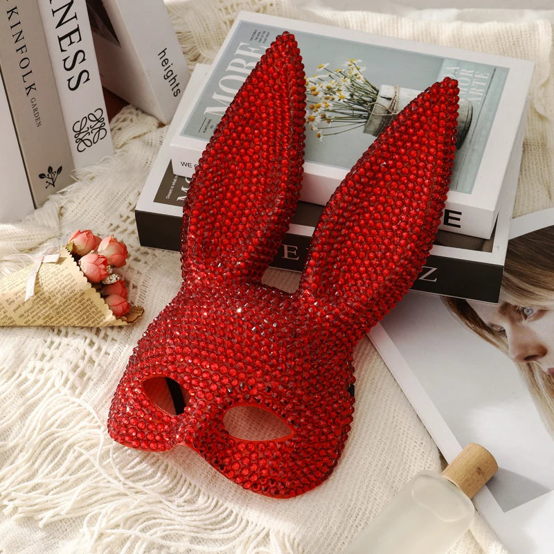 Rabbit Party Masquerade Glitter Mask for Women Theater Performances Full Acrylic Rhinestone Face Mask Costume for Photo Shoots