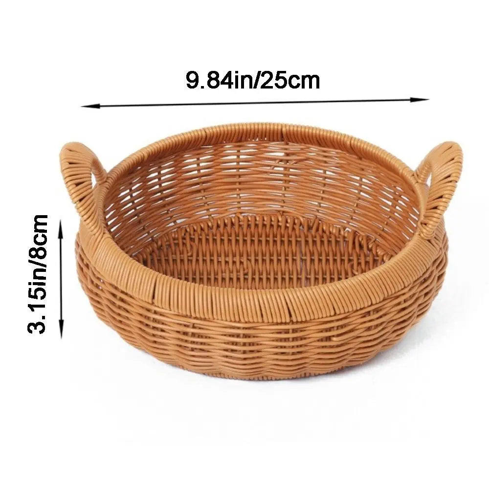 Large Capacity Imitation Rattan Storage Basket Plastic Handmade Round Rattan Storage Tray Decorative with Handle