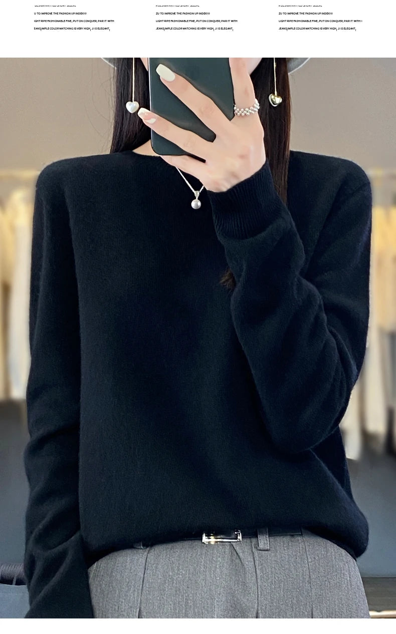 New Cashmere Sweater for Women in Autumn and Winter 100% Merino Wool Fashion O-neck Warm Pullover Top