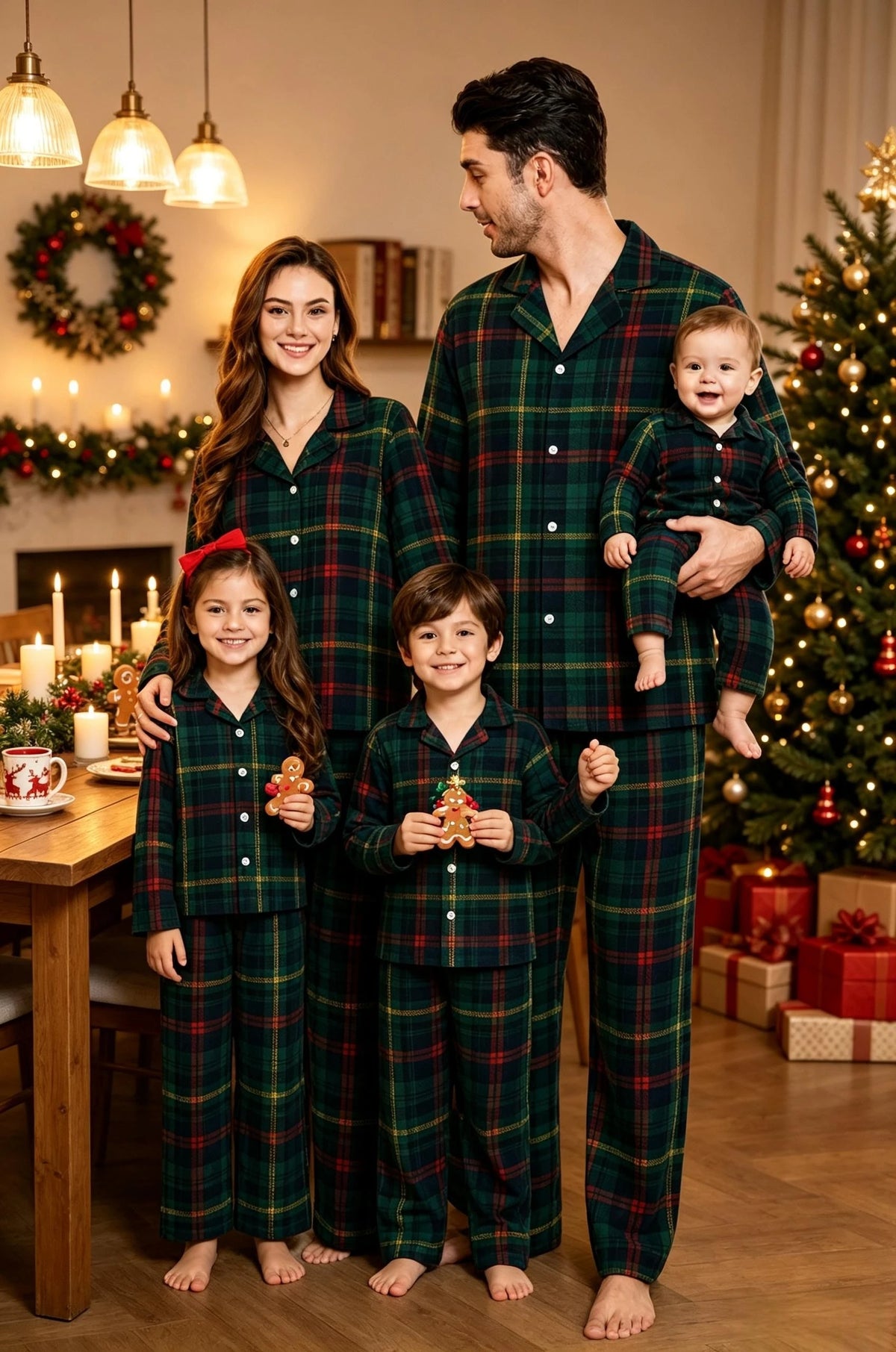 Xmas Party Look Wear Family Matching Pajamas Set Green Plaid Button Shirt+Long Pants Parent-child Sleepwear Christmas Pyjamas