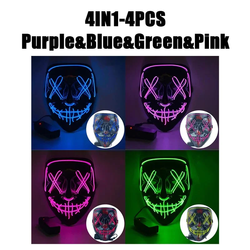 LED Halloween Mask Glow in The Dark Scary Terror Face Cover Bright Scream Light Up Costume for Men Carnival Party