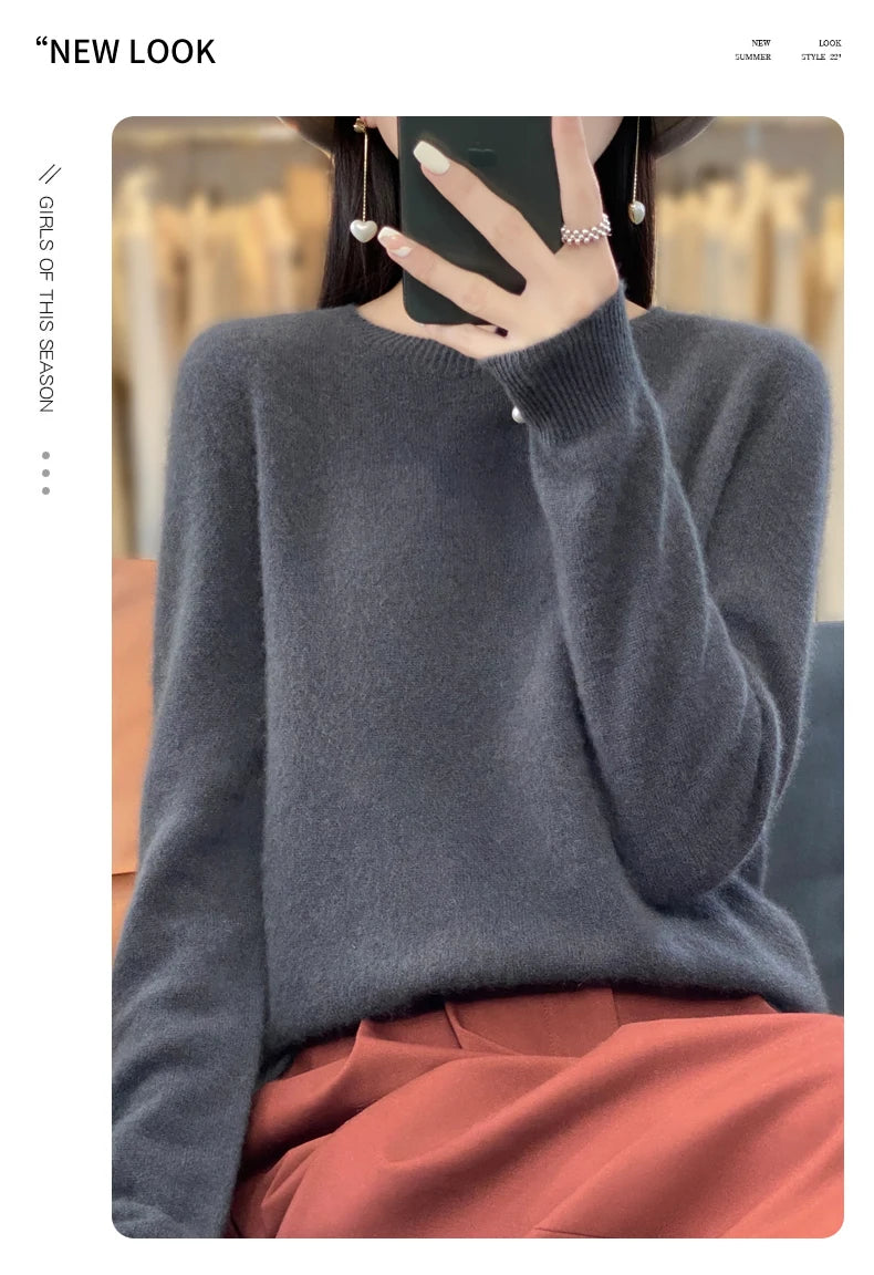 New Cashmere Sweater for Women in Autumn and Winter 100% Merino Wool Fashion O-neck Warm Pullover Top