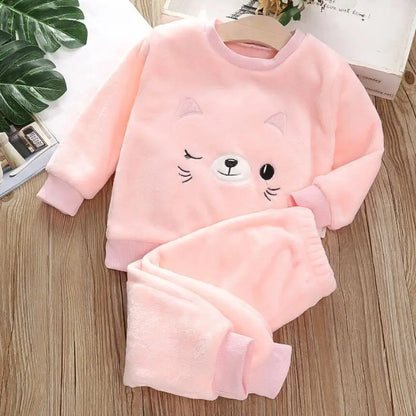 Baby Girl Clothing Set Plush Flannel Cartoon Pullover Sweater+Pant Autumn Winter Kids 2Pcs Outfit Boys Tracksuit Casual Suit