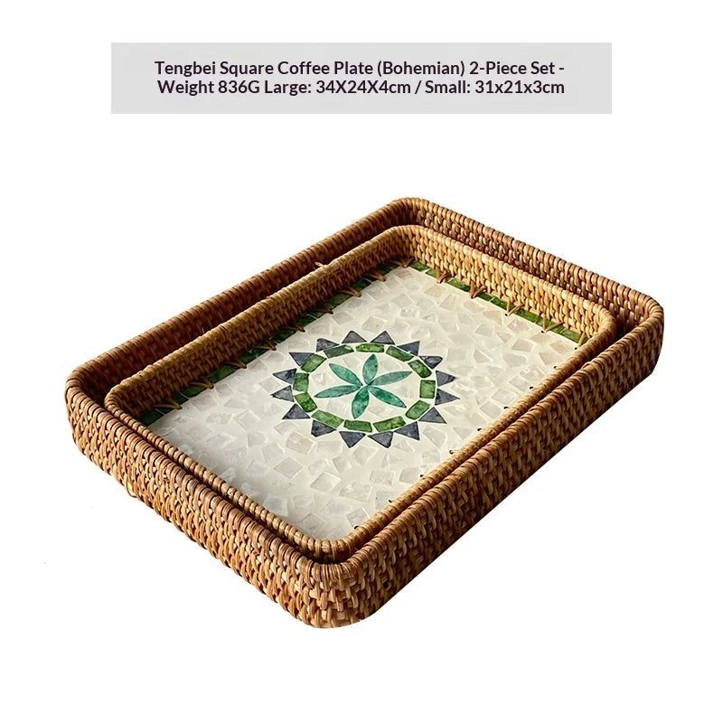 Natural Handwoven Rattan Shell Tray for Home Kitchen Decorative Storage Serving