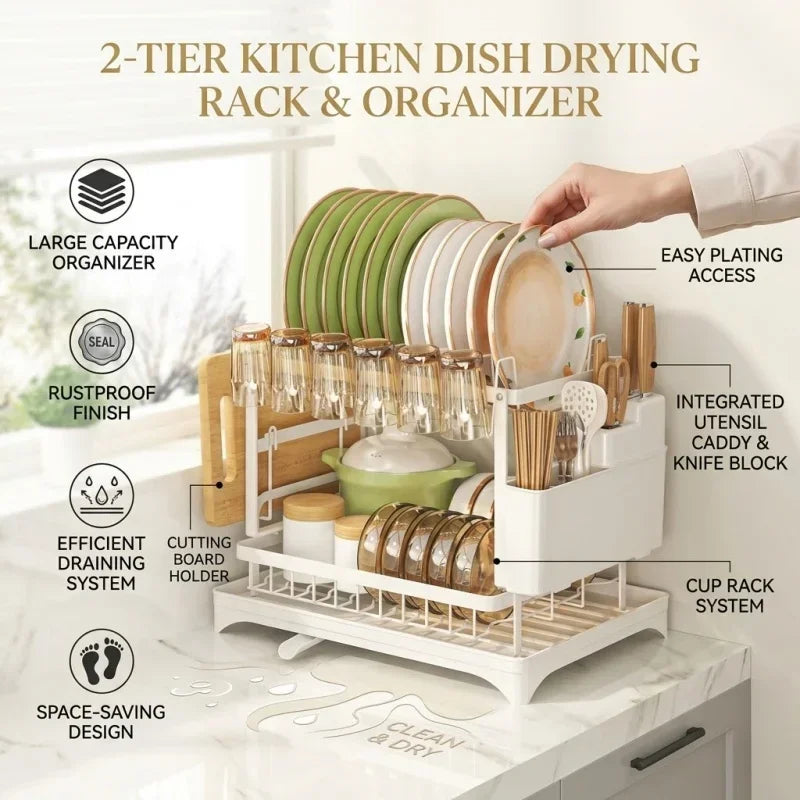 2-Tier Stainless Steel Dish Drying Rack with Drainboard – Rustproof Kitchen Counter Organizer