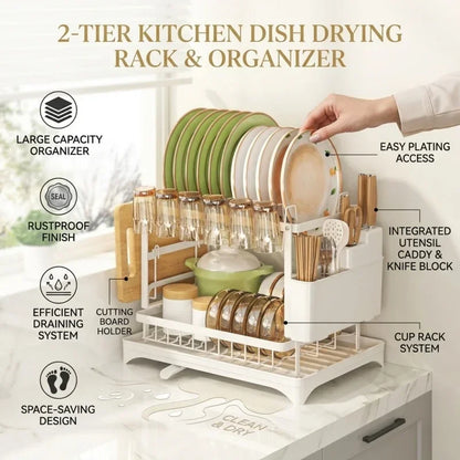 2-Tier Stainless Steel Dish Drying Rack with Drainboard – Rustproof Kitchen Counter Organizer