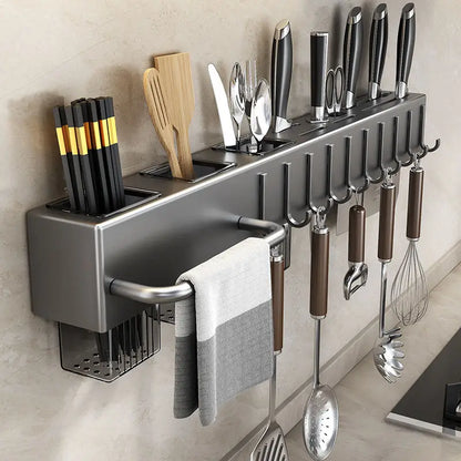 Wall-Mounted Kitchen Storage Rack – Steel Organizer for Knives, Chopsticks & Utensils