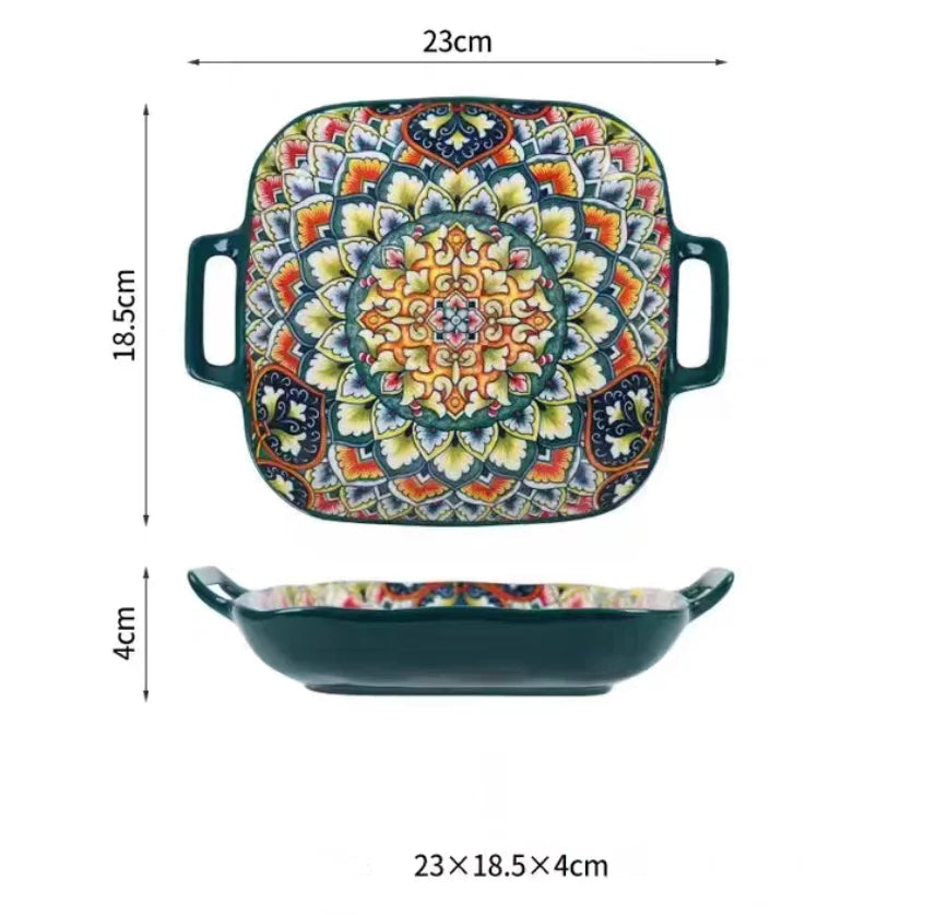 Bohemian Double Ear Square Ceramic Plate Creative Household Dish Plate Net Red Fruit Spaghetti Plate Oven Microwave Oven-9inch