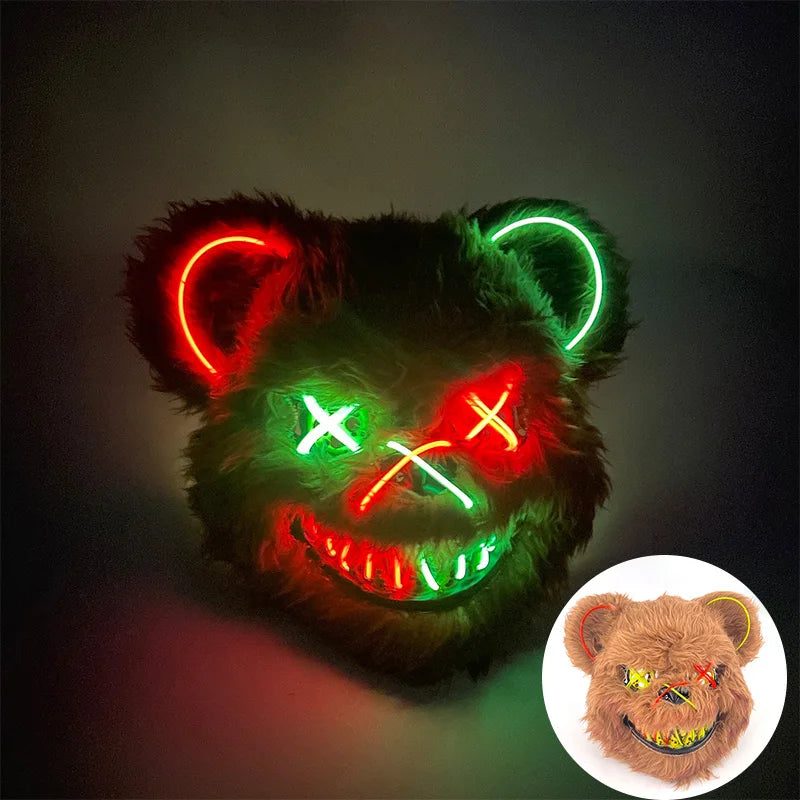 Halloween Horror Light Up Mask Glowing Bloody Bear Killer Mask Flashing Neon Scary Bear Mask for Cosplay Mask Purim Props