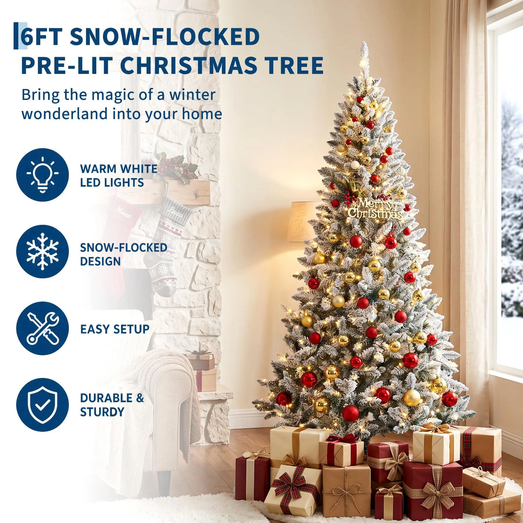 6Ft/7.5Ft Pre-Lit Flocked Christmas Tree, 200/400 Warm White Lights, 508/900 Tips, Snowy Artificial Tree With Metal Stand