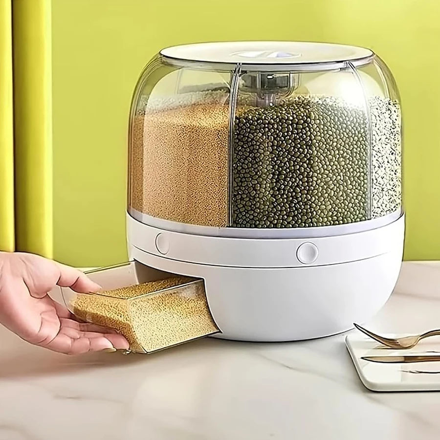 6-Grid Rotating Grain Dispenser – Airtight Food Storage Container for Rice, Cereal & Dry Grains