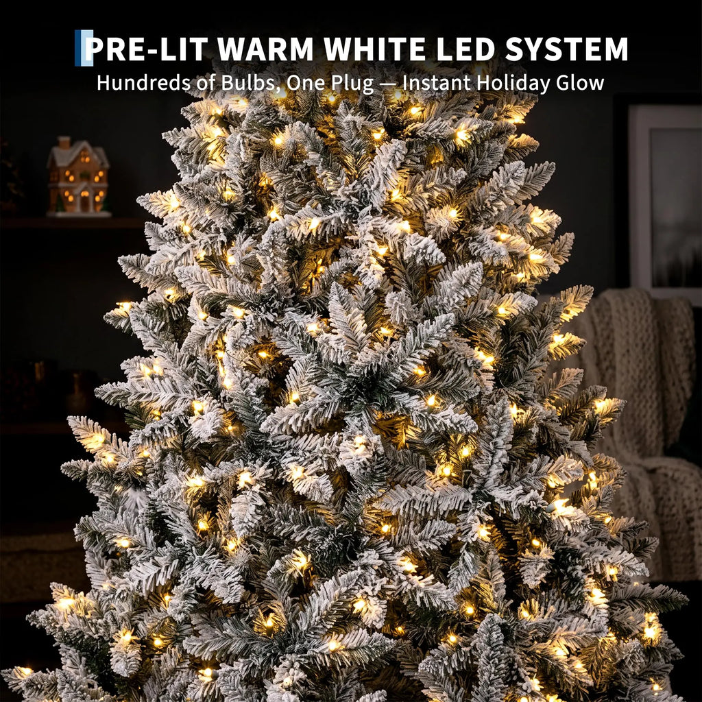 6Ft/7.5Ft Pre-Lit Flocked Christmas Tree, 200/400 Warm White Lights, 508/900 Tips, Snowy Artificial Tree With Metal Stand